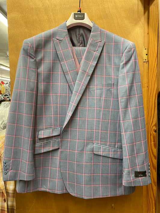 Vitali Steel Blue Plaid Suit 54R