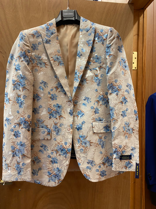 Studio Ferera White-Blue Multicolored Floral/Flower Print Slim Fit Blazer