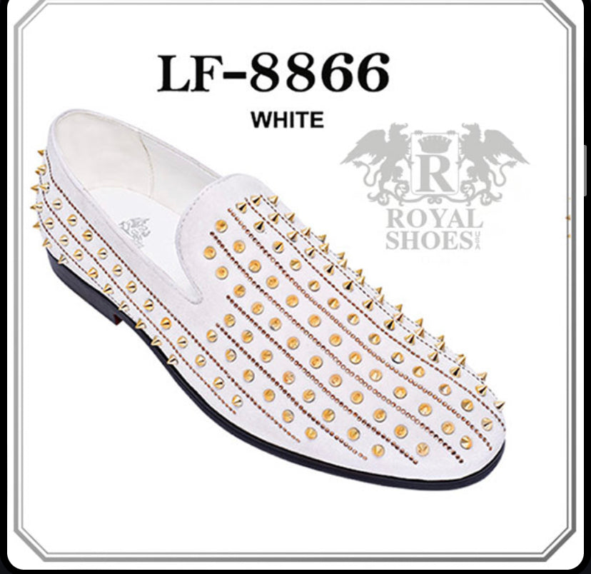 Royal Shoes white with Gold Spikes & Rhinestones Smoking Slip-on Red Bottom Men’s Dress Shoes LF-8866 Sizes 8-13