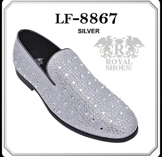 Royal Shoes Silver Rhinestones & Studs Smoking Slip-on Red Bottom Men’s Dress Shoes LF-8867 Sizes 8-13