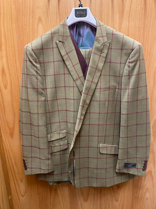 Vitali Tan/Burgundy Plaid 3-Piece Suit 54R