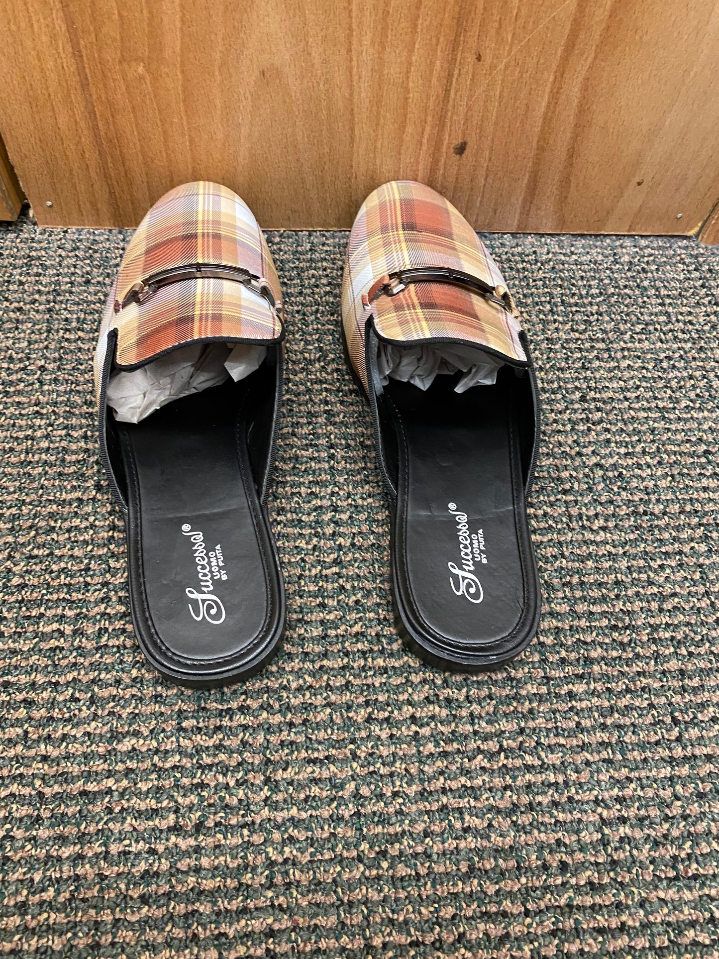 Successos Tan Plaid red bottom slip-on dress sandals sizes 7-15