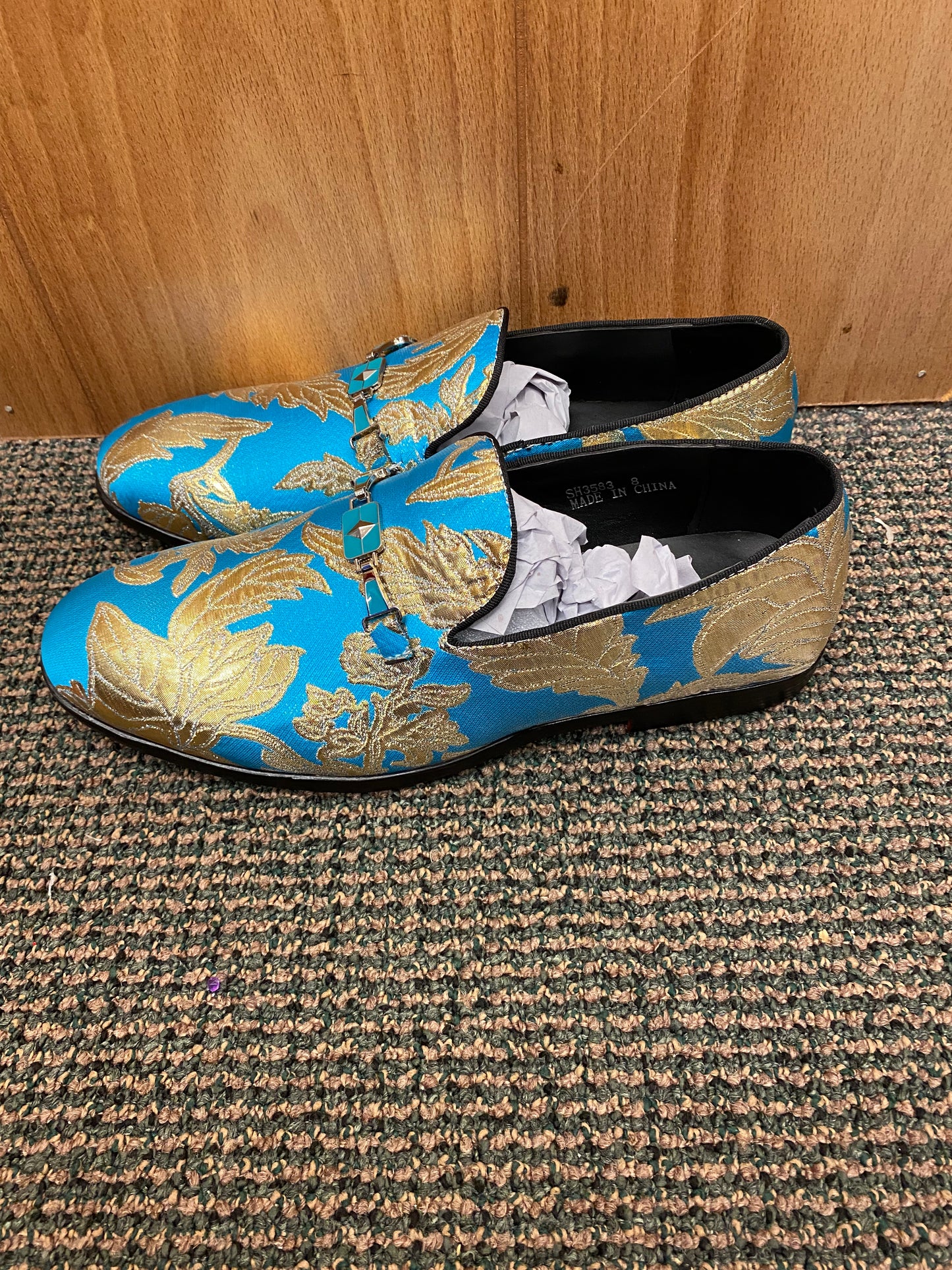 Success Turquoise Floral Smoking Slip-on Men's Red Bottom Dress Shoes Sizes 7-15