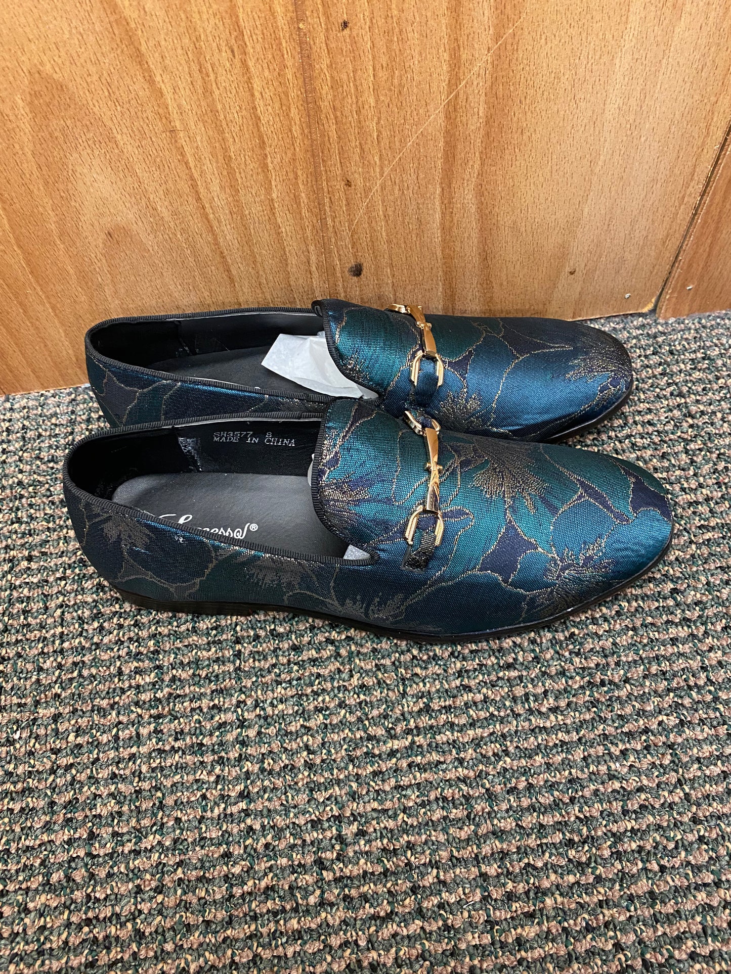 Success Green/Gold Floral Print Men's Smoking Slip-on Red Bottom Dress Shoes