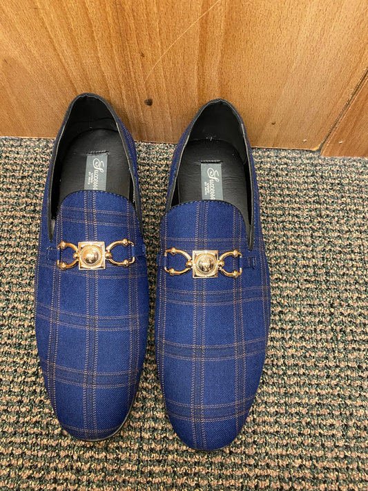 Success Navy/Gold Plaid Smoking Slippers/ Dress Shoes